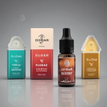 A collection of colorful e-liquid bottles and vape juice boxes on a reflective surface.