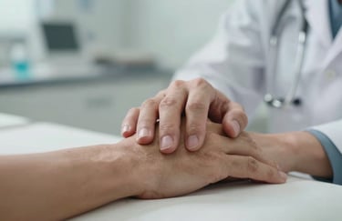 A close-up shot of a healthcare provider's hand reassuringly placed on a patient's hand in a North American clinical setting, soft professional lighting.