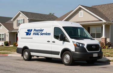 A clean Premier HVAC Services van parked in front of a residential home in a North American / US neighborhood. Professional branding visible, set against a bright, clear sky.