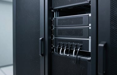 A professional photograph of a sleek, modern server unit in a well-ventilated data center in the United States. Lighting is precise, emphasizing the innovative and technological nature of the hardware.