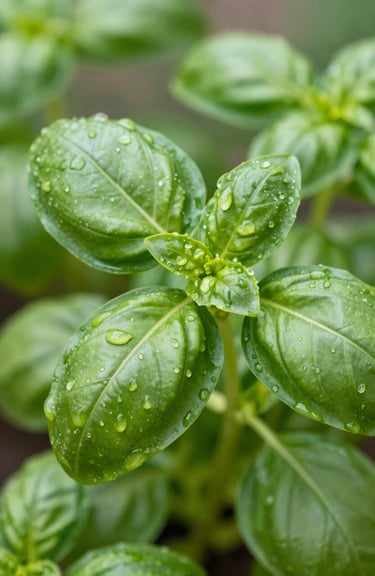 Macro shot of fresh green basil leaves with water droplets, highlighting the #8FBBA6 brand color and nature.