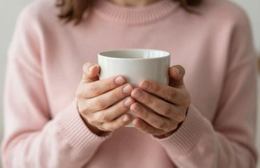A woman's hands mindfully holding a warm ceramic mug, wearing a soft pink #E4C8CB sweater, creating a cozy and empathetic mood.