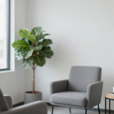 A professional and minimalist consultation room with a green plant #8FBBA6 and a comfortable chair, very clean and inviting.