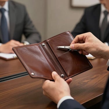 A close-up of refined hands adjusting a high-quality leather folder in a professional North American meeting room. Soft, controlled studio lighting.