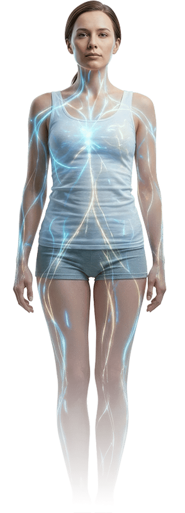 A woman's silhouette with a glowing nervous system overlay illustrating energy flow and human anatomy.