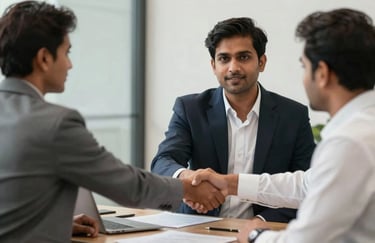 A professional in a South Asian / Bangladeshi office setting shaking hands with a client, representing trust.