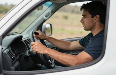 Close up of a professional driver's hands on a steering wheel of a modern white van, focused and responsible, daylight, South American setting.