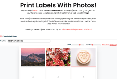 A screenshot of the online photo label printing tool in use.
