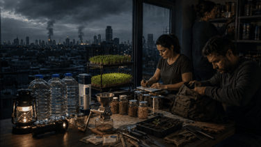 People organizing emergency survival supplies like water, food, and microgreens in a dark apartment.