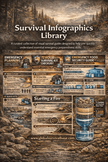 survival infographics library emergency preparedness guides 72 hour kit water food fire shelter
