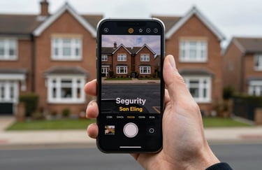 A first-person perspective shot of a hand holding a high-end smartphone displaying a real-time security alert and video feed. UK residential background.