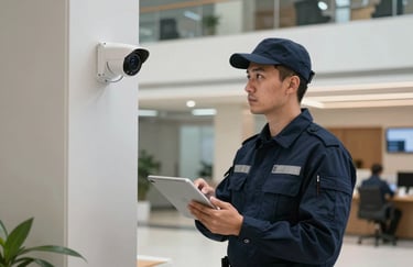 A professional security engineer in a navy blue uniform using a tablet to calibrate a wall-mounted camera inside a modern European commercial lobby.