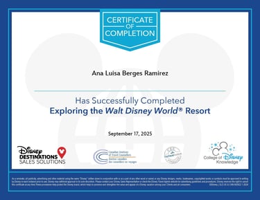 Certificado agente de viajes Walt Disney World Ana Berges