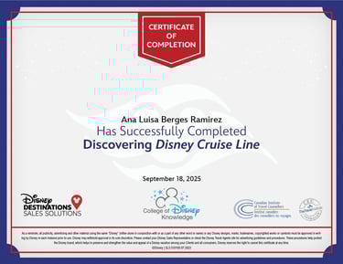 Certificado agente de viajes Disney Cruise Line Ana Berges