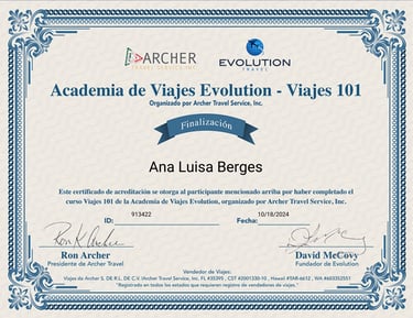 Certificado agente de viajes Archer Travel Evolution Travel Ana Luisa Berges