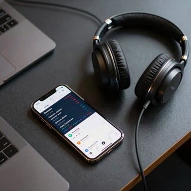 A top-down view of a modern workstation featuring a smartphone showing a trading app and a pair of professional headphones on a dark grey surface, with golden accent lighting.