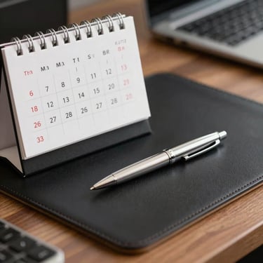 A professional photography shot of a sleek desk calendar and a silver pen resting on a dark leather desk pad. The focus is sharp on the pen, suggesting planning and execution, within a South Asian corporate office setting.