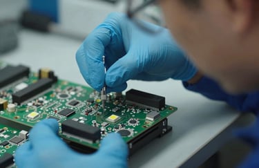 A close-up of a technician's hand in a blue glove inspecting an LED circuit board with precision, high-tech industrial aesthetic, lighting focusing on the product quality, East Asian / Chinese workplace.