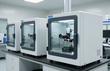 Professional quality control lab featuring high-tech testing equipment such as cold and heat shock test boxes and X-ray machines, bright and clean environment, East Asian / Chinese facility.