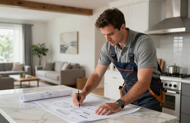 A professional remodeler in neat work attire reviewing a blueprint on a kitchen island. The background shows a beautifully finished, modern open-concept North American living space.