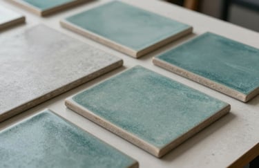 An artistic composition of high-end ceramic tile samples in muted teal and light grey, arranged neatly on a designer's table. Sharp focus on textures and edges.