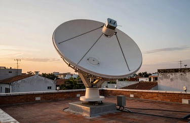 A professional installation of a satellite antenna on a brick rooftop in Brazil, sunset lighting, wide shot showing technical precision.