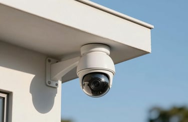 A white security dome camera installed under the eave of a modern Brazilian house, clear blue sky in the background, sharp focus.