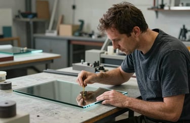 A professional glass expert in a North American &amp;#x2F; US - Pacific Northwest workshop precisely measuring a glass pane.