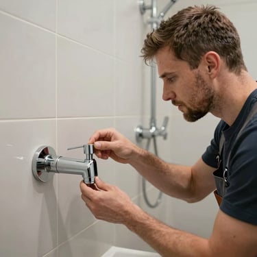 A professional Northern European / British plumber installing modern chrome fixtures in a newly renovated high-end bathroom.