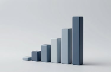 A 3D rendered bar chart rising upwards, minimalist style, professional business aesthetic using colors #B0BACF and #33415C, clean and modern.