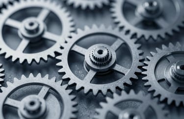 A close-up of high-end mechanical gears or a clockwork system representing precision and scaling systems, in #0A111F and #33415C.