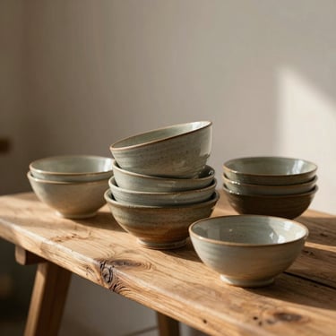 Rustic, hand-thrown ceramic bowls stacked naturally on a rough-sawn wooden sideboard, glowing in warm afternoon natural light.