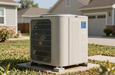 A high-efficiency outdoor HVAC condenser unit in a suburban North American backyard. Clean composition, bright afternoon sun.