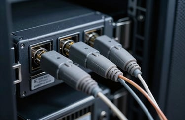 A detailed close-up of a high-speed fiber optic connection in a server room, with lighting in shades of deep navy and steel grey.