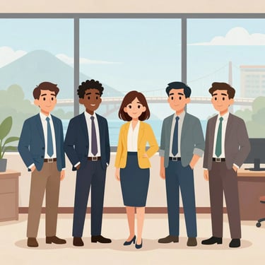 A warm, professional photo of a business coach engaging with a small group of diverse startup founders in a bright, modern office.