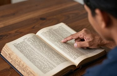 A close-up of a Southeast Asian / Indonesian mentor pointing to a passage in an ancient Bible for a student, focusing on the text, dark slate blue and warm wood tones.