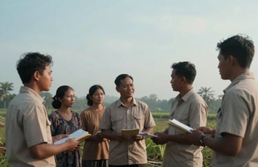 A group of Southeast Asian / Indonesian volunteers interacting with a community in a rural setting, embodying the spirit of service, soft sky blue and pale mist white tones.