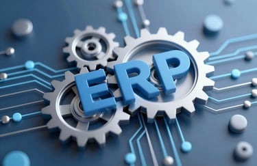 A sleek 3D illustration of gears and digital circuits interlocking, representing technical and functional harmony in ERP consulting, utilizing #2B6777 and #ADC6CC.