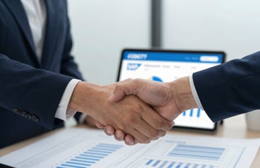 A close-up of two professionals shaking hands over a blueprints and a tablet showing a successful SAP dashboard, emphasizing strategic partnership and results, with #2B6777 accents.
