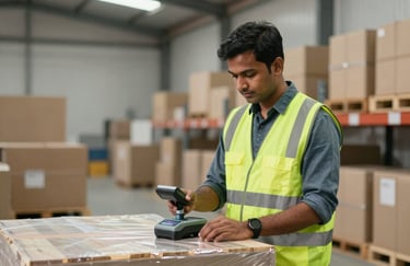 A South Asian / Indian logistics manager in a high-visibility vest standing in a clean, brightly lit warehouse, using a digital scanner on a neatly wrapped pallet. The image conveys modern efficiency and attention to detail.