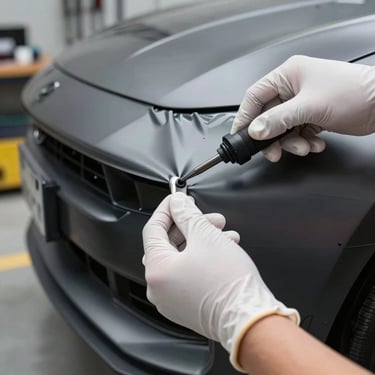Macro photography of hands in white gloves precisely heat-shrinking a charcoal gray car wrap around a bumper, urban workshop environment.