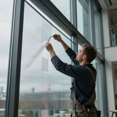 A professional installer applying architectural privacy film to a large glass window in a modern Dutch office building, focused composition.