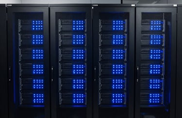 Symmetrical shot of a state-of-the-art server room in a US data center, with glowing Deep Blue and Sky Blue indicator lights, reflecting clean and innovative technology.