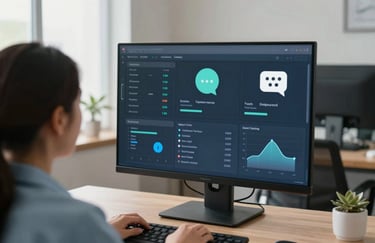 A professional medical dashboard showing digital health stats and chat icons in a bright, airy South American office environment.