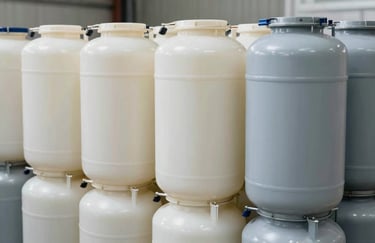 A close-up shot of industrial-grade chemical containers for mining diluents and acids, stacked neatly in a warehouse, clean and professional, using off white and light blue grey.