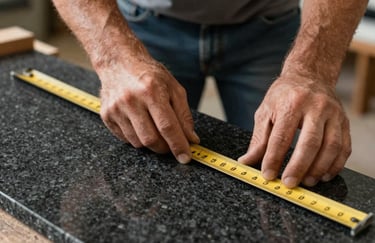 Craftsman's hands carefully measuring a slab of dark granite with professional tools, warm accent lighting, emphasizing precision and trust, palette including #333333.