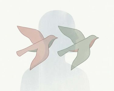 Minimal illustration of birds and a human silhouette representing shared behavioural patterns in nature