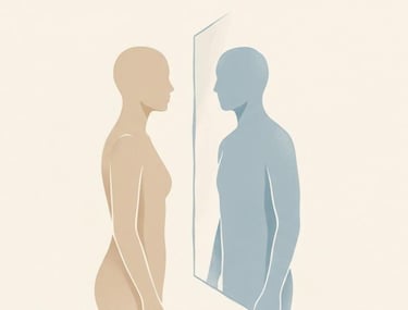 Minimal illustration of a human figure facing a distorted reflection, representing self-perception and identity