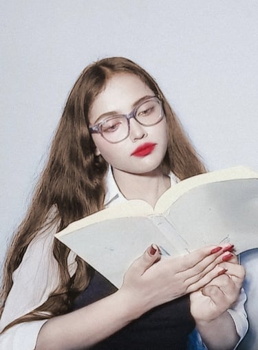 Noor Arin reading a book in a library, representing research and writing