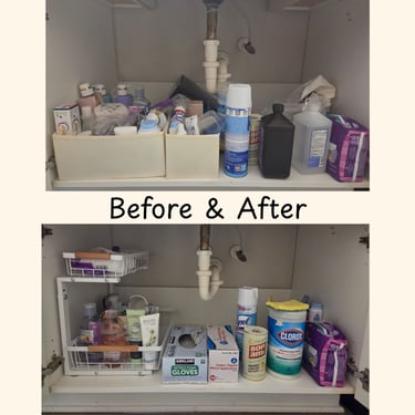 Before and after bathroom cabinet organization